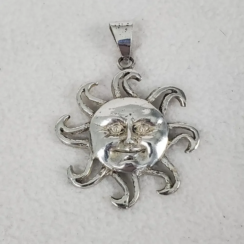 Vtg Sterling Silver 925 Mexico Smiling Sun Face Happy Pendant Signed